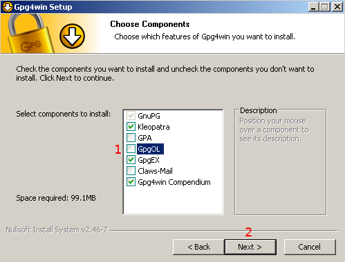 GPG Install Options Dialog