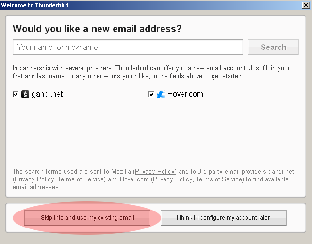 Thunderbird setup new email address Dialog